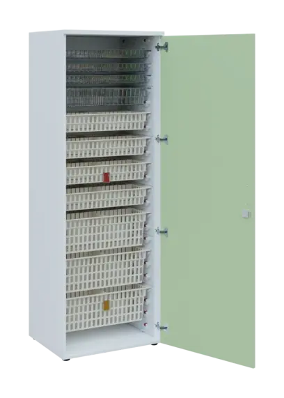 EUROMEDICA D - 66 skříň léková boxová, 1-dveřová, pravá, 1950x660x535, korpus bílý, dvířka šedo-zelinkavá